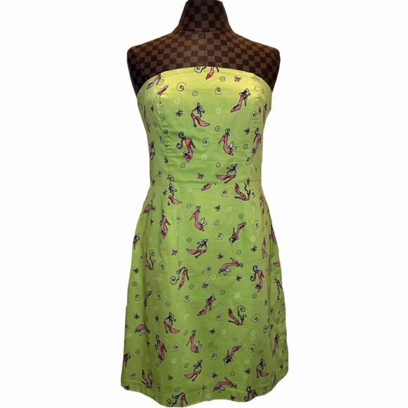 Y2K Green Shoe Print Strapless Corset Dress Sz 10 Clueless Retro Green Pink Vtg - Picture 2 of 11